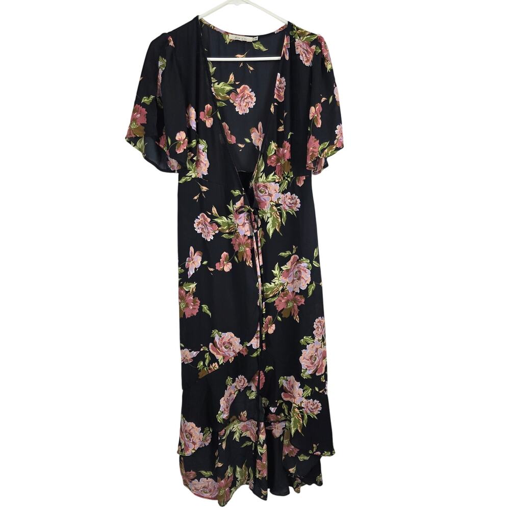 Arc NC Cottage Core Wrap Dress S Womens Floral Coquette Short Slit Sleeve Black